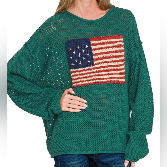 The “ Americana Knit “ Cotton Pullover Crew Sweater | Hunter Green - Picture 1 of 2
